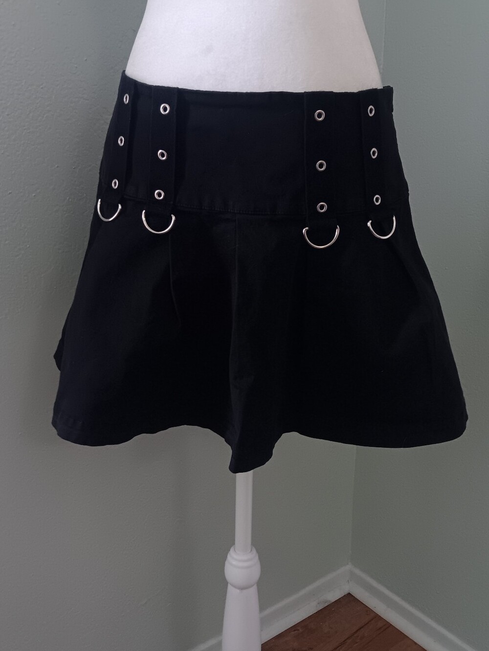 Women's Black Skater Mini Skirt with Silver O-Ring Detail